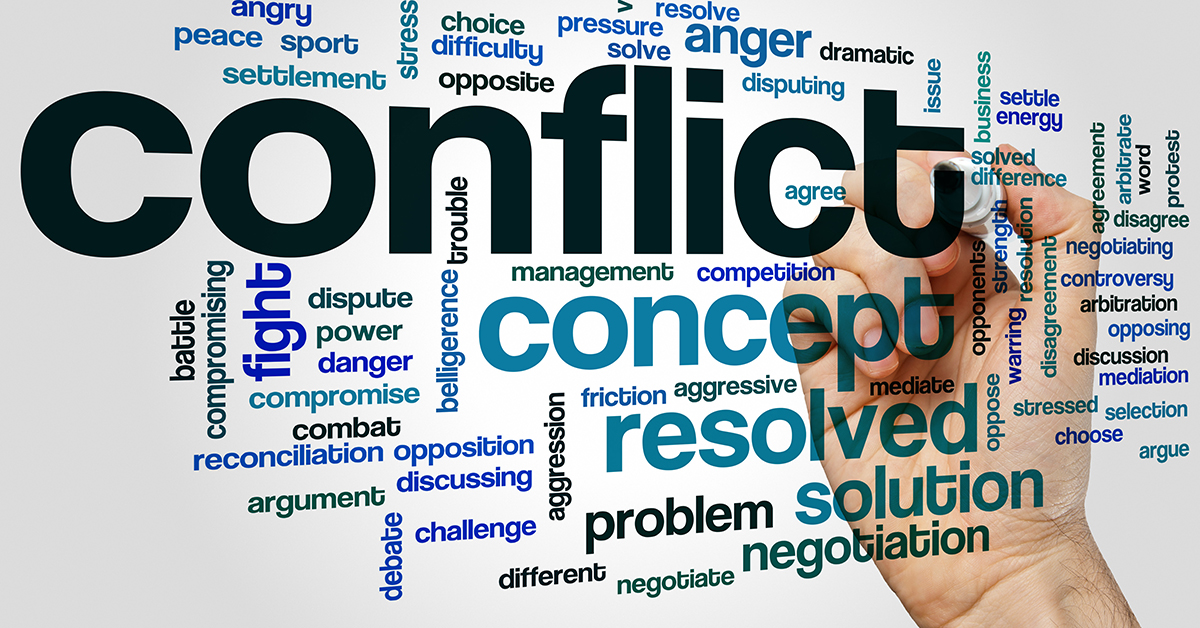 graphic of the word conflict surrounded by words and feelings associated with conflict resolution