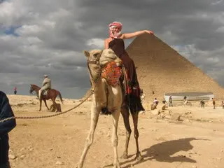 Jessica Moss riding a camel in Egypt